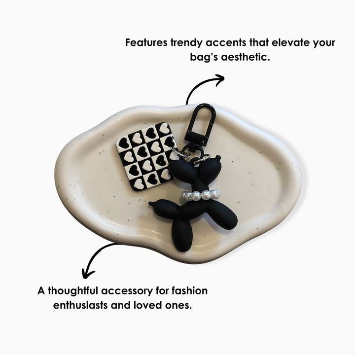 Affordable balloon dog bag charm – cute checkered black and white keychain for women