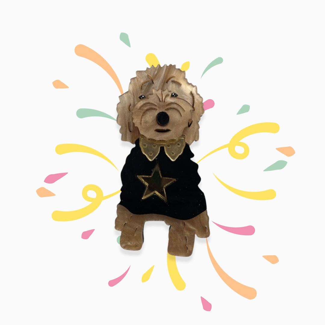 Cute dog figurine in black sweater with star design – collectible gift for dog lovers