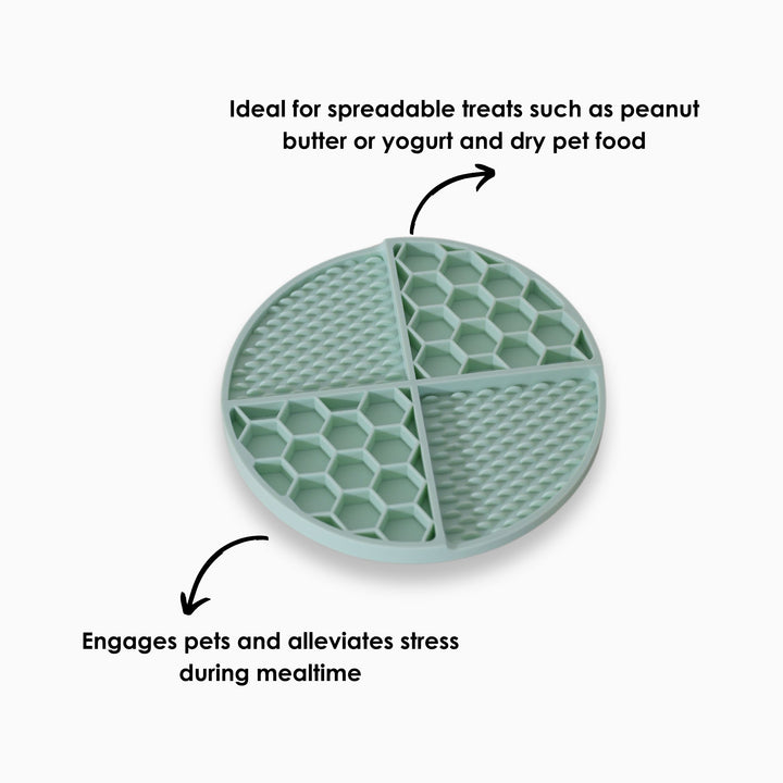 Multi-texture dog and cat enrichment mat with suction base – promotes mental stimulation and slow feeding habits.