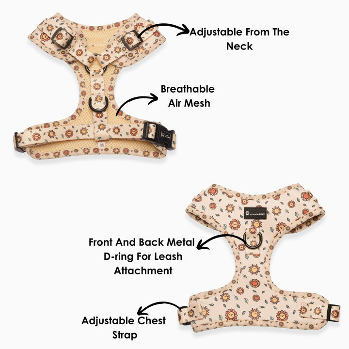 Size chart of Yellow Sunshine adjustable dog harness