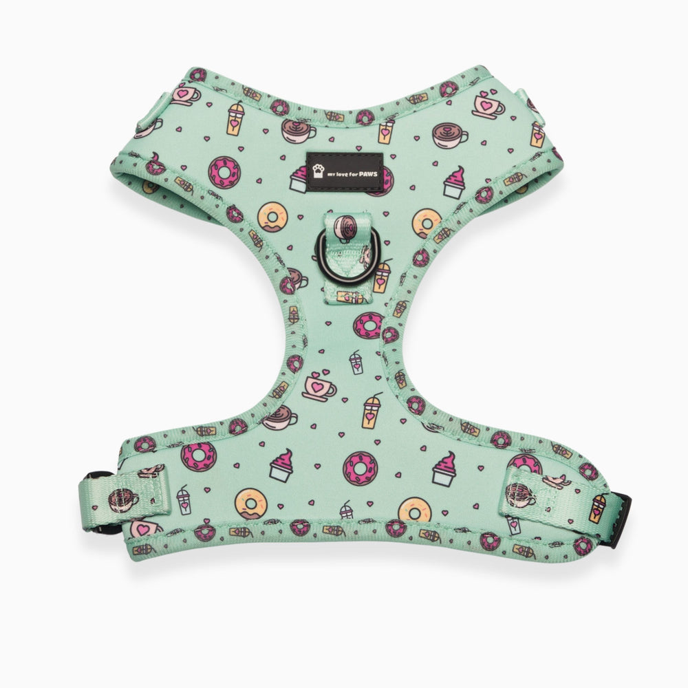 Front view of Green Donut patterned dog harness – ergonomic and lightweight design