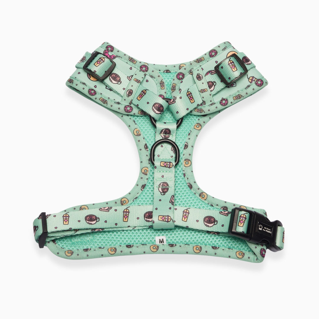 Back view of Green Donut adjustable dog harness with buckle and strap detail