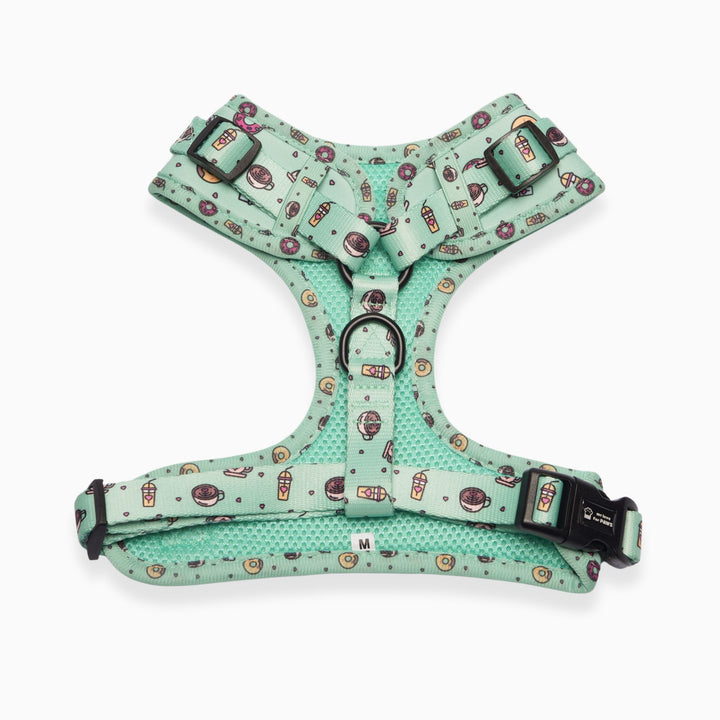 Back view of Green Donut adjustable dog harness with buckle and strap detail