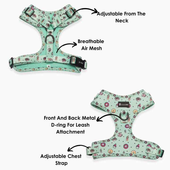 Size guide of Green Donut dog harness – adjustable fit for small, medium, and large dogs