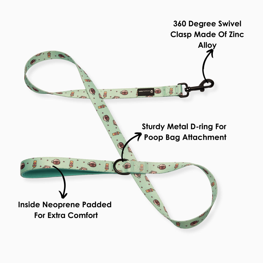 Eco-friendly nylon dog leash with green donut print for daily walks